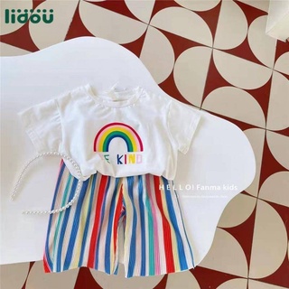 ชุดเซ็ตเด็ก สาวฤดูร้อน ใหม่ เด็กไตล์เกาหลี สายรุ้งเสื้อยืด+กางเกง