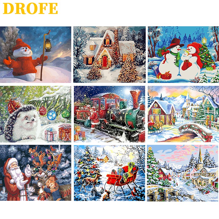 DROFE ภาพวาดระบายสีตามตัวเลข ผ้าใบ รูปคอลเลกชันคริสต์มาส พร้อมสี ขนาด 50X40 ซม.