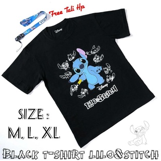 เสื้อยืดสีดำอินเทรนด์เสื้อยืดคอกลมแขนสั้นพิมพ์ลาย lilo stitch Tie DisneyS M L   XL  XXL