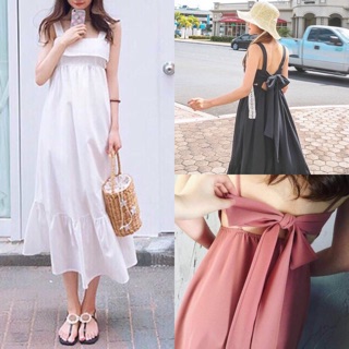 💛พร้อมส่ง💛เดรสกระโปรงยาว🎀ผูกโบว์หลัง