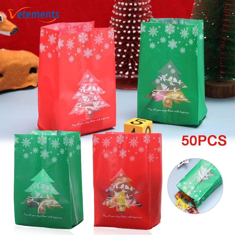 [VES Christmas] ถุงของขวัญ แบบใส พิมพ์ลายเกล็ดหิมะน่ารัก สีแดง สีเขียว สําหรับใส่ขนม 50 ชิ้น