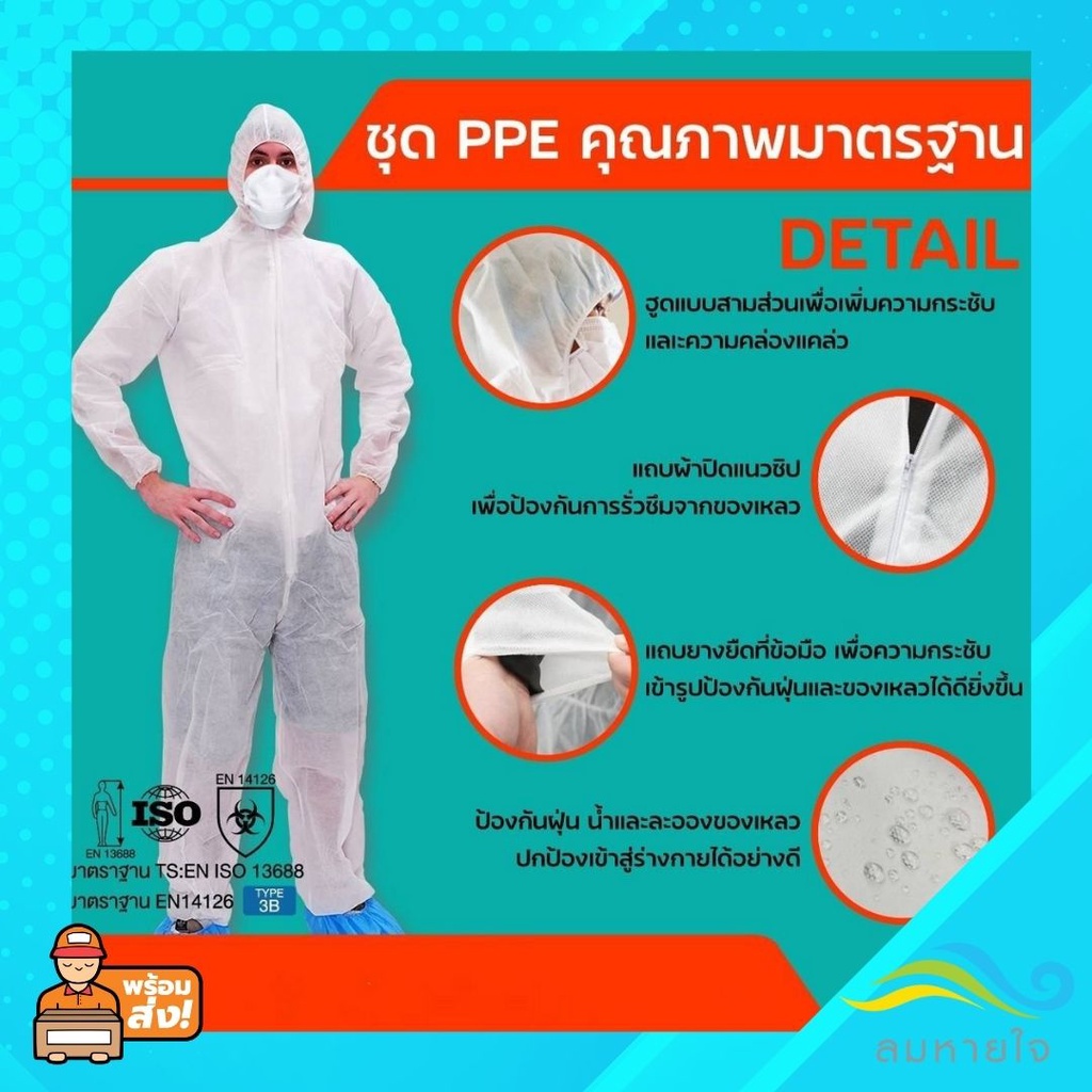 lomhaijaishop ชุด PPE คุณภาพมาตรฐาน เคลือบสารป้องกัน หนา 60-75 แกรม ชุดป้องกันเชื้อโรค ป้องกันสารเคมี ฝุ่นละออง
