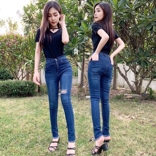 Cc jeans #140 กางเกงยีนส์ผู้หญิง เอวสูง ทรงเดฟยืด แต่งขาด ปลายขาตัด