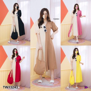 MF13243🍓 Maxi Dress #สาวอวบ แม็กซี่เดรสทูโทน คอวี แขนตุ๊กตา ทรงเอ พร้อมกระเป๋าทูโทน และ ผ้าปิดปากทูโทน ทรงชุดเข้ารูป