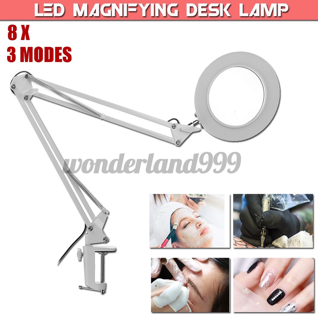 LED Desk Lamp 8X Magnifier Glass With 3 Modes Light Stand Clamp