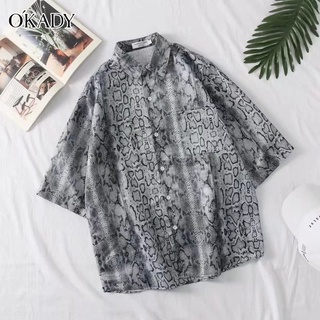 OKADY เสื้อเชิ้ตผู้ชาย เสื้อเชิ้ตแขนสั้นพิมพ์ลายแฟชั่นฤดูร้อนของผู้ชาย เสื้อฮาวาย