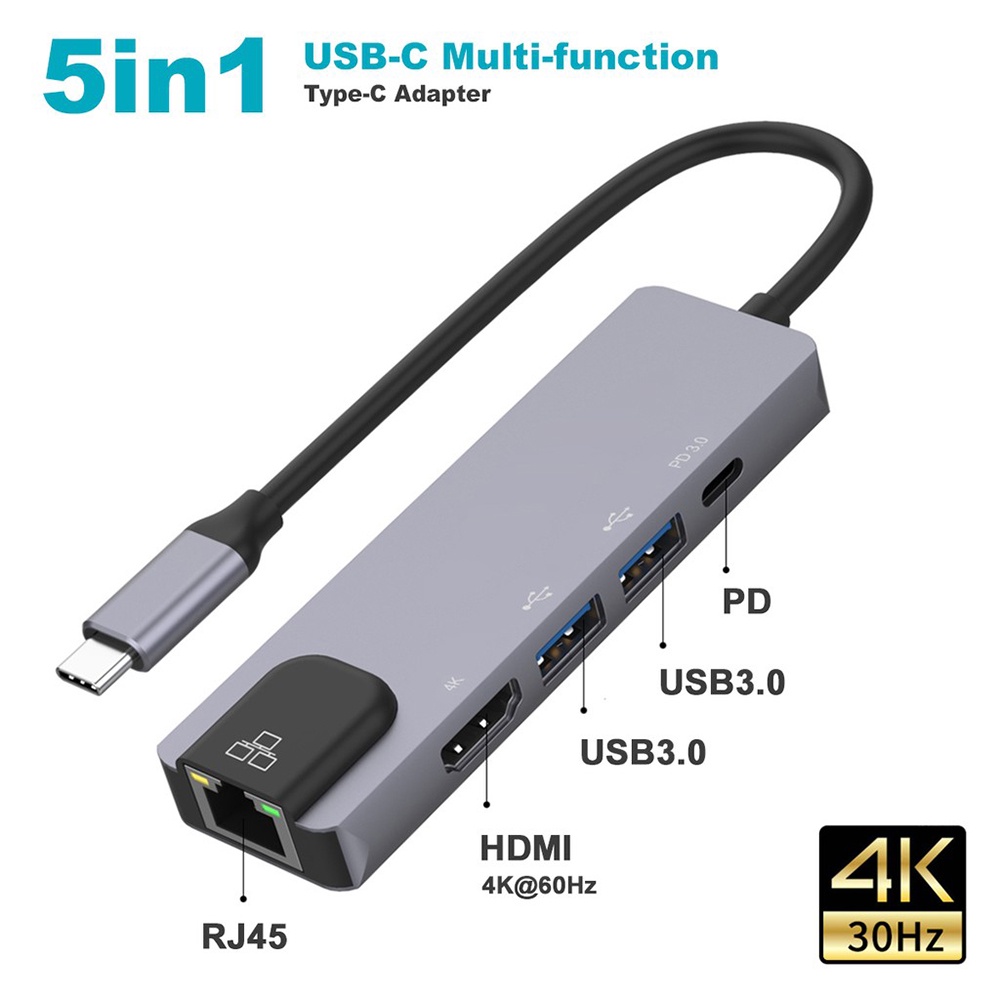 USB C to HDMI Adapter 4K 5 in 1 TypeC to HDMI / LAN/ USB 3.0 Port + USB C Female Port Converter