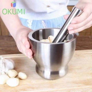 OKUMI_SHOP ครกสแตนเลส พร้อมฝาซิลิโคน ครก + สาก เกรดอาหาร