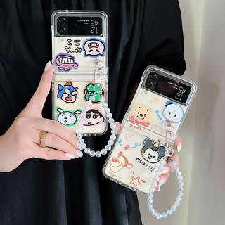 เคสโทรศัพท์มือถือ PC แข็ง แบบใส ลายการ์ตูนชินจัง มิกกี้เมาส์ พร้อมสร้อยข้อมือลูกปัดเลเซอร์ สําหรับ Samsung Z Filp 4 3