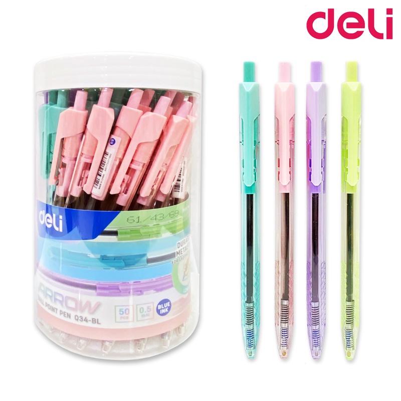 ปากกา ปากกาลูกลื่น หมึกน้ำเงิน เส้น 0.5 mm Deli Q34 Ball point pen (50 แท่ง/กระปุก) เครื่องเขียน [S24]