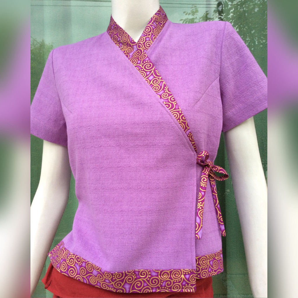 126C เสื้อป้ายผ้าฝ้ายผูกข้างแต่งลายทอง 100% cotton เสื้อสปาหญิง  ชุดสปา นวดแผนไทย  สปายูนิฟอร์ม ชุดผ้าไทย ชุดนวดไทย