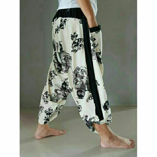 กางเกงซามูไร ลายปลาคร์าฟ Samurai pants black and off-white japanese Koi design 100% cotton