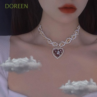 Doreen สร้อยคอโชคเกอร์ถัก ประดับไข่มุก พลอยเทียม รูปหัวใจ หลากสี