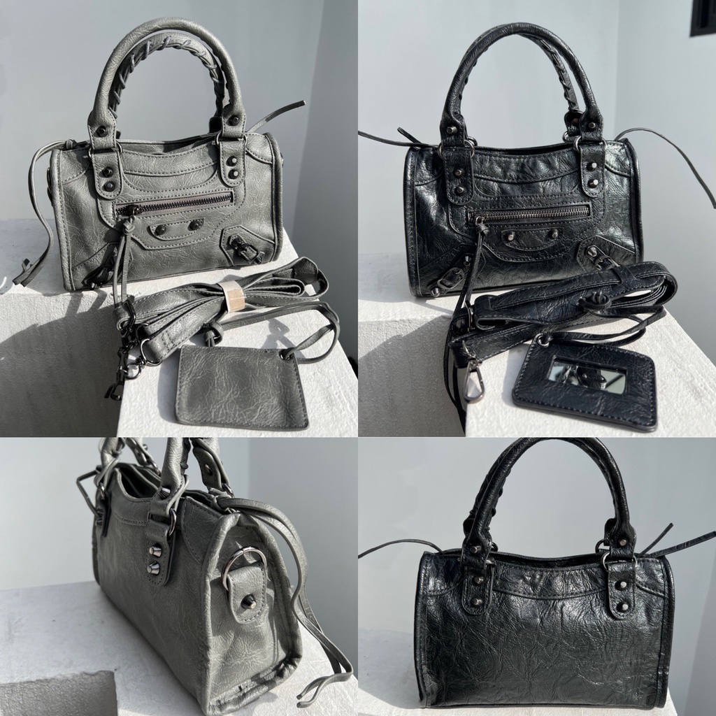 กระเป๋าถือ&สะพายข้าง PU พรีเมียม แฟชั่น BAG 9"/24cm หมุดดำ/หมุดทอง งานเนียบ สวย งานดี ใช้ได้ทุกวัน สไตล์แบรนด์เนม จากไทย