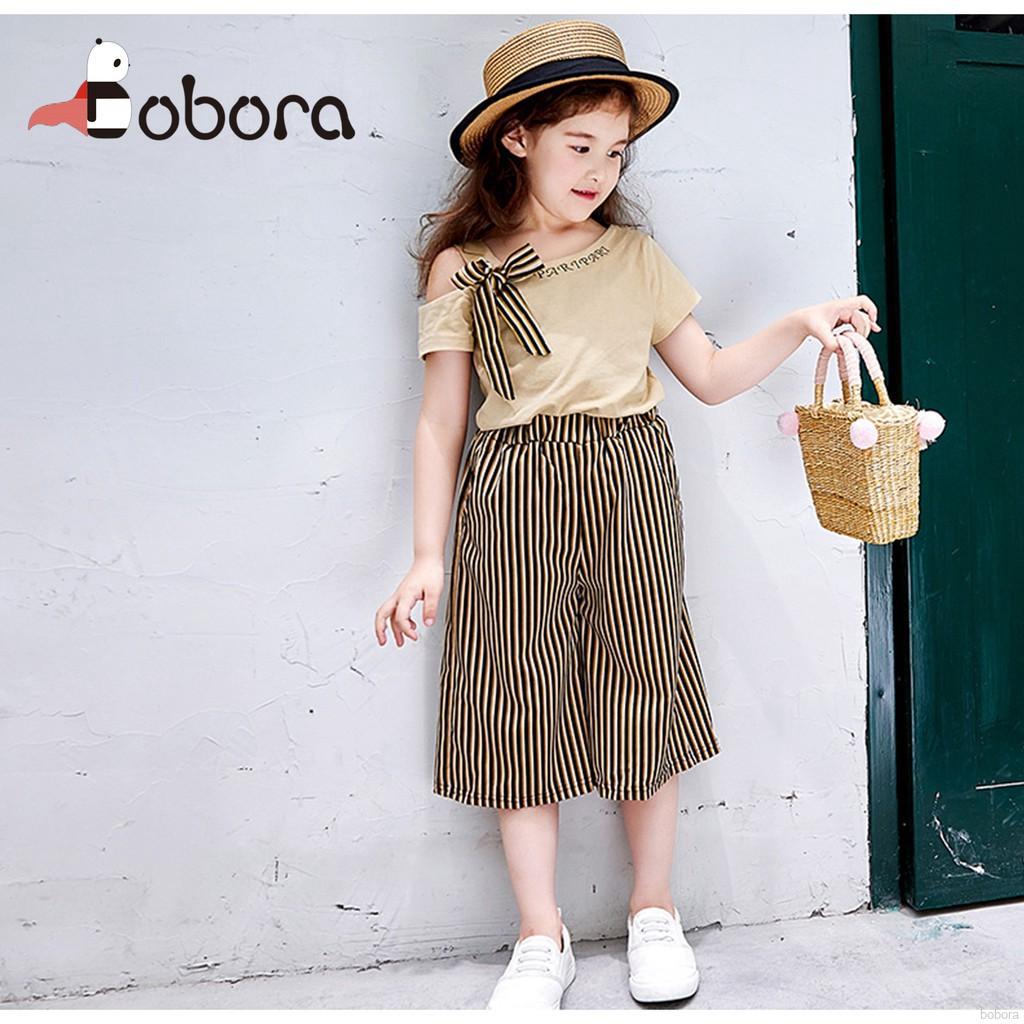 BOBORA เสื้อยืดลำลองสำหรับเด็กผู้หญิงแขนสั้น + กางเกงขาสั้นพิมพ์ลาย 2 ชิ้น