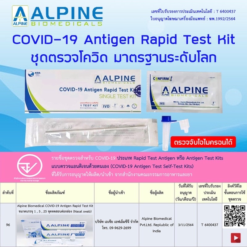 ALPINE Antigen Self Test Kit ชุดตรวจโควิด-19 ด้วยตนเอง (Home Use)