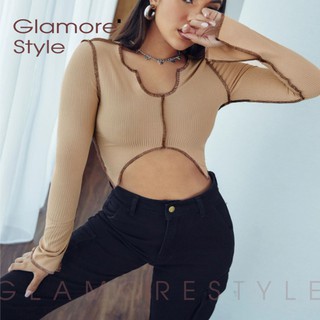 🔥พร้อมส่ง🔥ครอปทอป สีครีม Crop top สายฝอ Glamorestyle
