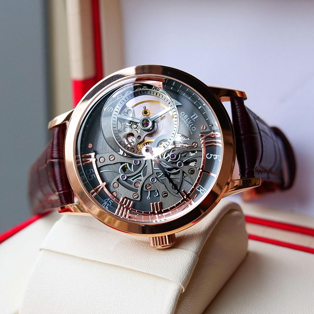 OBLVLO Casual Watches Mens Skeleton Dial Calfskin Leather Band Rose