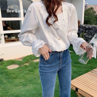 เสื้อแฟชั้นคอเหลี่ยมแต่งกระดุมหน้าแขนยาว เสื้อแฟชั้นผู้หญิง เสื้อทูนิค เสื้อเบลล่าส์ เสื้อครอป เสื้อเอวลอย เสื้อเที่ยว