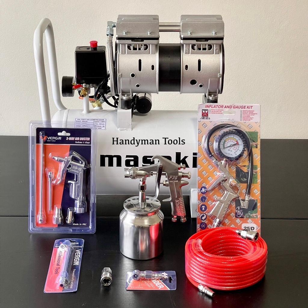 Masaki ถังลม ปั๊มลม ปั๊มลมออยฟรี 30ลิตร 1000W + พร้อมอุปกรณ์ 6 อย่าง + กาพ่นสี KANTO กระป๋องล่าง **รับประกัน 1 ปีเต็ม**