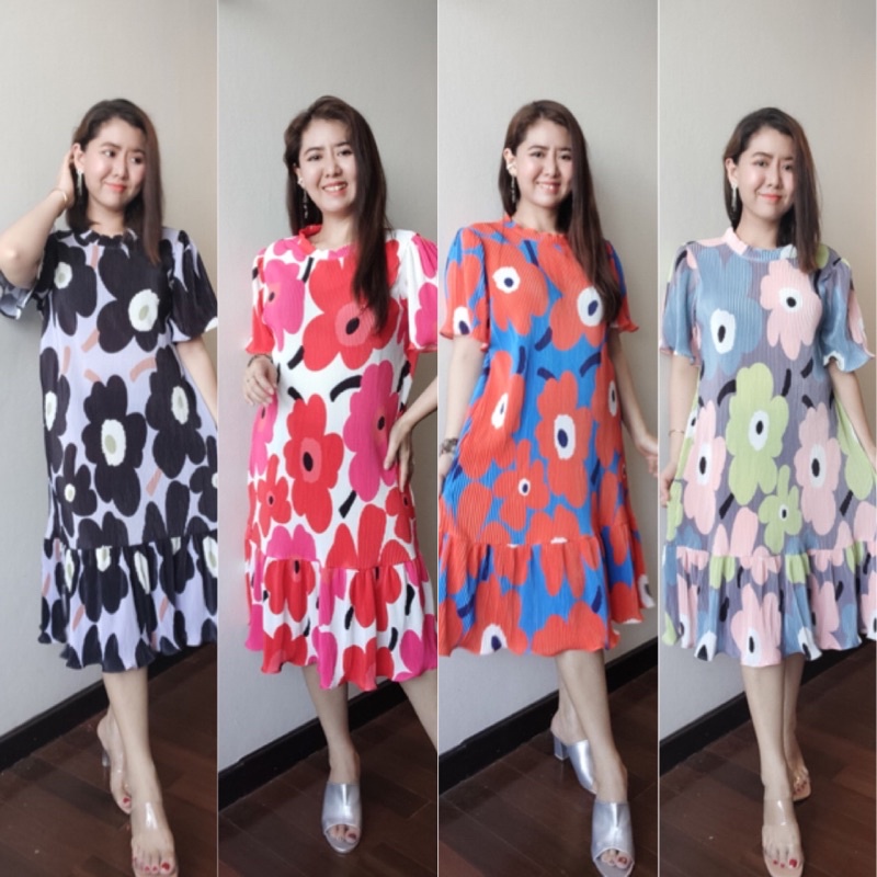 Marimekko dress เดรสแขนสั้นลายดอกมารีเมกโกะ Pleated Dress ชุดพลีทลายดอกไม้ ชุดเดรสลายดอก ชุดใส่เที่ย