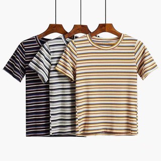 URsexy เสื้อยืดแขนสั้นผู้หญิง ลายเส้น เวอร์ชั่นเกาหลี