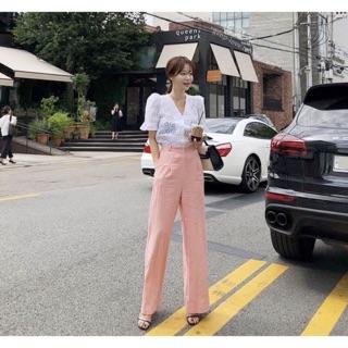 เซท2 ชิ้นLace blouse+ pink trouser set