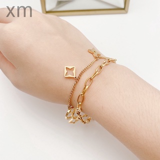 Xm สร้อยข้อมือโซ่เหล็กไทเทเนียม 18K รูปใบโคลเวอร์สี่แฉก ปรับได้ สีโรสโกลด์ ทอง เงิน