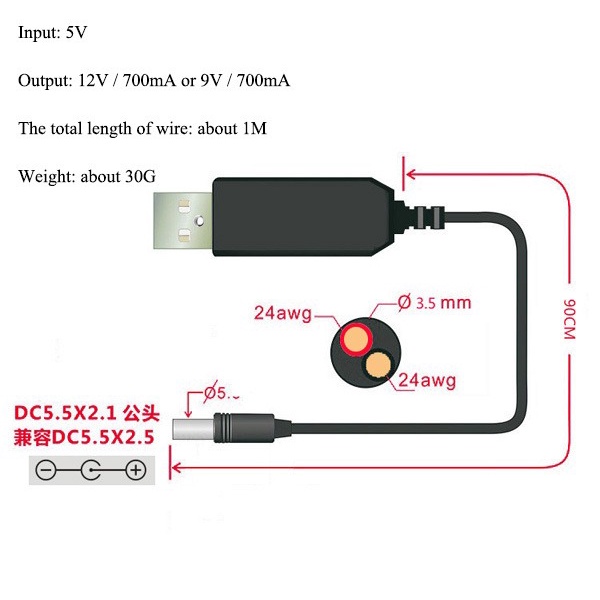 อะแดปเตอร์แปลงสายเคเบิล USB DC 5V เป็น DC 5V 9V 12V ปลั๊ก 2.1*5.5 มม.