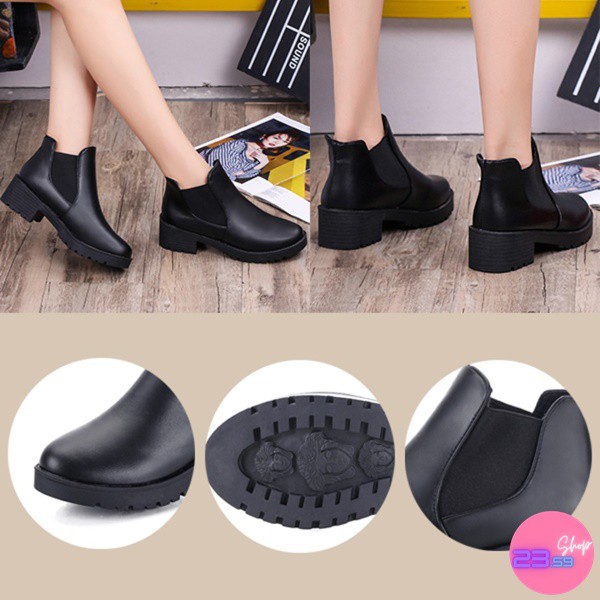 Sale80% รองเท้าบูทหนัง หุ้มข้อส้นหนา สีดำล้วน