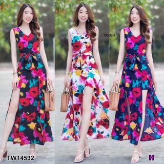 MF14532 Jumpsuit จั๊มสูทสั้น คอวี แขนกุด ดีเทลผ่าด้านหน้า มีกางเกงขาสั้นด้านใน มีโบว์แยก 1 เส้น ซิปซ่อนด้านหลัง