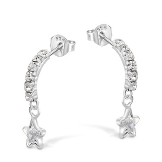 Crystal Half Hoop Ear Stud with dangling Crystal Star 925 Sterling Silverต่างหูคริสตัลแบบห่วงครึ่งพร้อมห้อยคริสตัลสตาร์