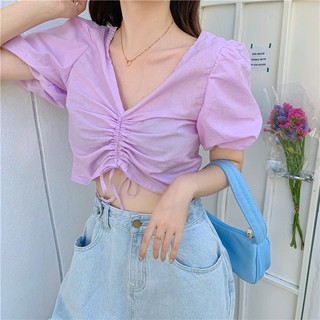 พร้อมส่ง 🌈 purple doll crop C622 เสื้อมันม่วง เสื้อแขนตุ๊กตา