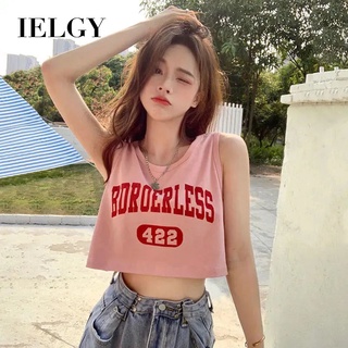 IELGY เสื้อยืดครอปท็อป แขนกุด พิมพ์ลายตัวอักษร แฟชั่นฤดูร้อน สําหรับผู้หญิง