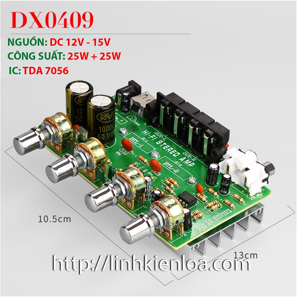 วงจรเครื่องขยายเสียง DX-0409 เสียงไฮไฟสมจริง ความจุ 25W x 2 แหล่งพลังงาน 12V - 15VDC