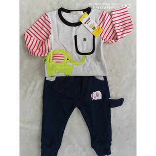 เซ็ท เสื้อแขนยาว  สีเทา กางเกงขายาว สีกรม ลายช้าง size 1-3y