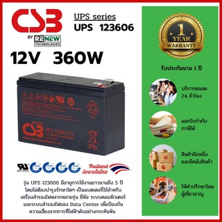 CSB Battery รุ่น UPS 123606 F2 (12V 360W) สามารถใช้ได้กับเครื่องสำรองไฟทุกรุ่น สินค้าใหม่ รับประกัน 1 ปี