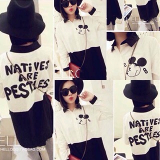 พร้อมส่ง วันพุธ  Mini เดรสทเชิ้ตคอปกแขนยาว  กระดุมหน้าผ่ายาว สกรีนลายหน้า Mickey mouse ทรงแนวสปอตเกิ