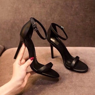 รองเท้าส้นสูงสีดำ professional women stiletto ส้น 9 ซม. แฟชั่นเปิด toe one word รองเท้าแตะรองเท้าแตะ