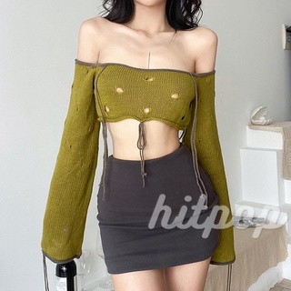 Hitpop- เสื้อครอปท็อป แขนยาว เปิดไหล่ ผูกเชือก สีเขียว สําหรับผู้หญิง