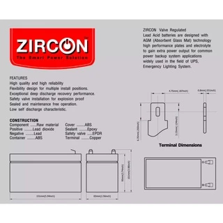 ZIRCON แบตเตอรี่12V7.8Ah มือหนึ่ง100% ใช้กับ UPS,ไฟฉุกเฉิน,แบตเตอรี่แห้ง ปิดผนึก ไม่ต้องเติมน้ำกลั่น