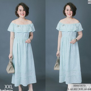 Granddesignplus แมกซี่เดรสคอตตอนฉลุปักลาย สไตล์ชาแนล *สีเขียว* Size 2XL
