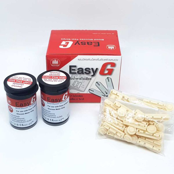 พร้อมส่ง แผ่นตรวจน้ำตาล Easy G กล่องแดง แผ่นวัดระดับน้ำตาลในเลือด พร้อมเข็มเจาะ