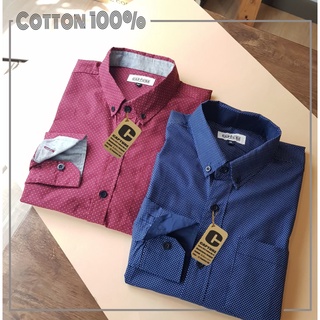 เสื้อเชิ้ตแขนยาว คอปก ผ้า Cotton100% ลายจุดไข่ปลา  มีไซส์ S-4XL