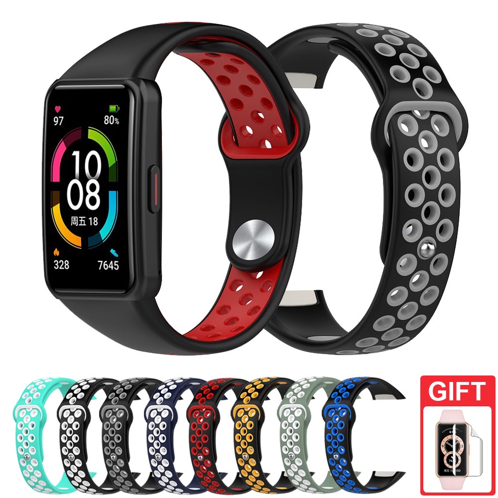 สายนาฬิกาข้อมือซิลิโคน ระบายอากาศ สองสี แบบเปลี่ยน สําหรับ Huawei Band 6 / Honor Band 7 6