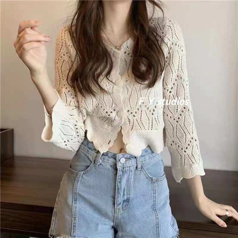 𝙁.𝙔 𝙨𝙩𝙪𝙙𝙞𝙤𝙨 (พร้อมส่ง ) เสื้อไหมพรม เสื้อลูกไม้แขนยาว กระดุมหน้า NO.118