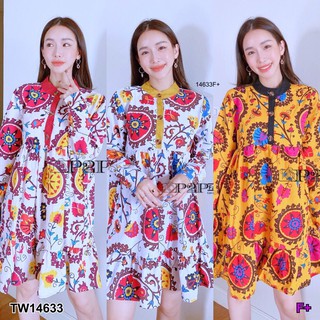 TwinsShopVip💗พร้อมส่ง TW14633 เดรสคอจีนแขนยาวลายกราฟฟิก