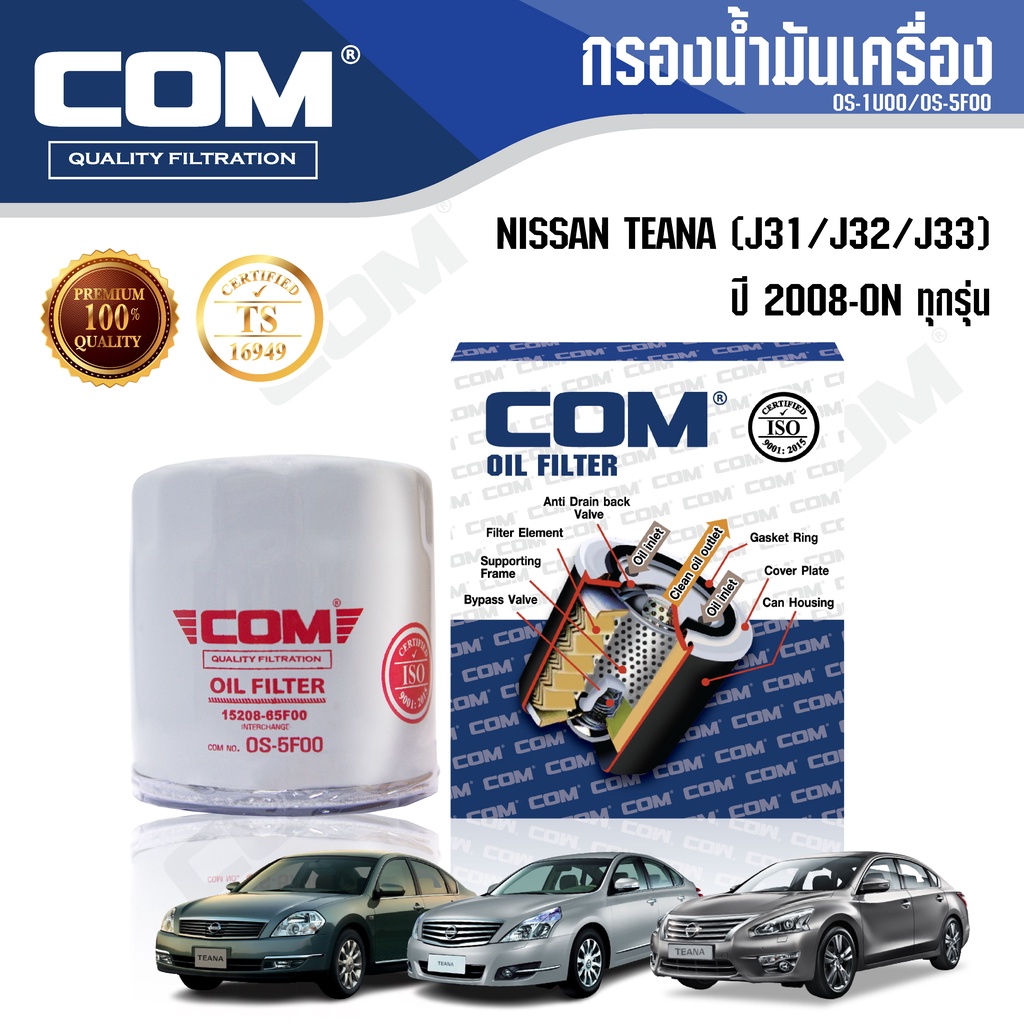 กรองน้ำมันเครื่อง NISSAN TEANA 2.0,2.3,2.5 เทียน่า J32,J33,L33 ทุกรุ่น 2008-ON, ไส้กรอง COM