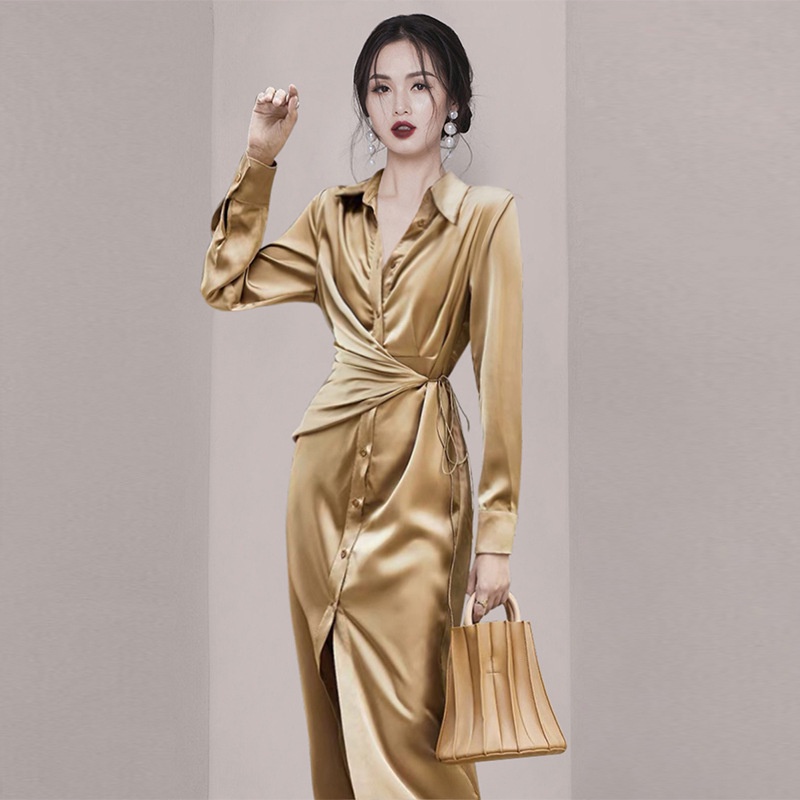 2021ฤดูใบไม้ร่วงใหม่ย้อนยุคฝรั่งเศสOLอารมณ์ Yujie ชุดยาวสไตล์แสงการออกแบบชุดเสื้อ epk9