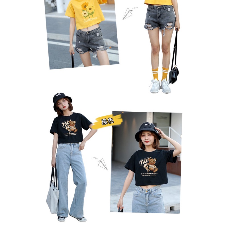 เสื้อยืดแขนสั้น ผ้าฝ้ายบริสุทธิ์ เอวสูง กันแดด ขนาดเล็ก แฟชั่นฤดูร้อน ...
